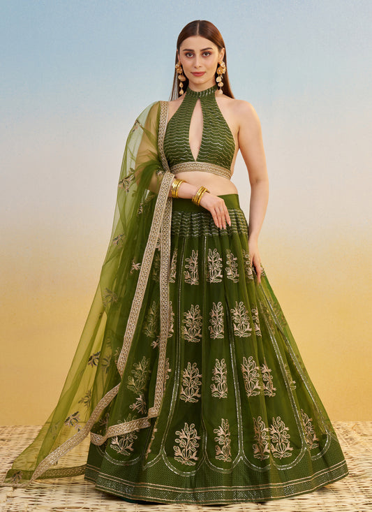 Olive Green Net Designer Embroidered Lehenga Choli Set
