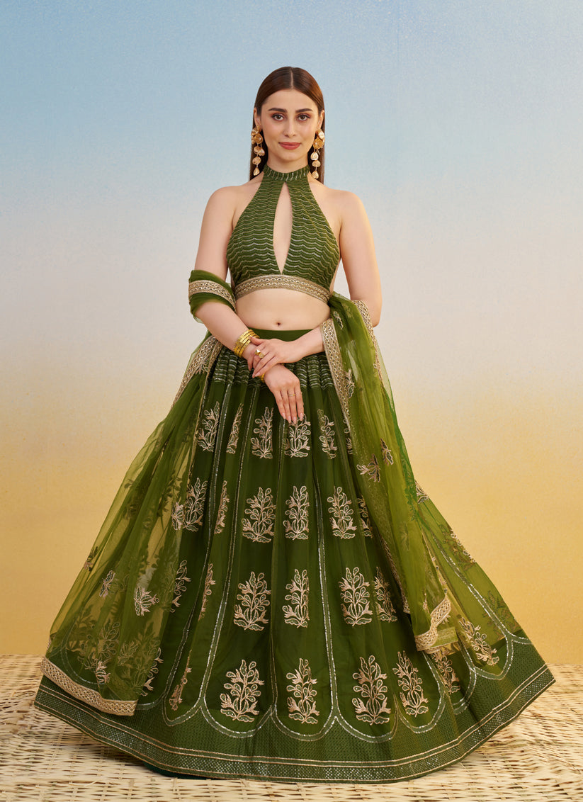 Olive Green Net Designer Embroidered Lehenga Choli Set