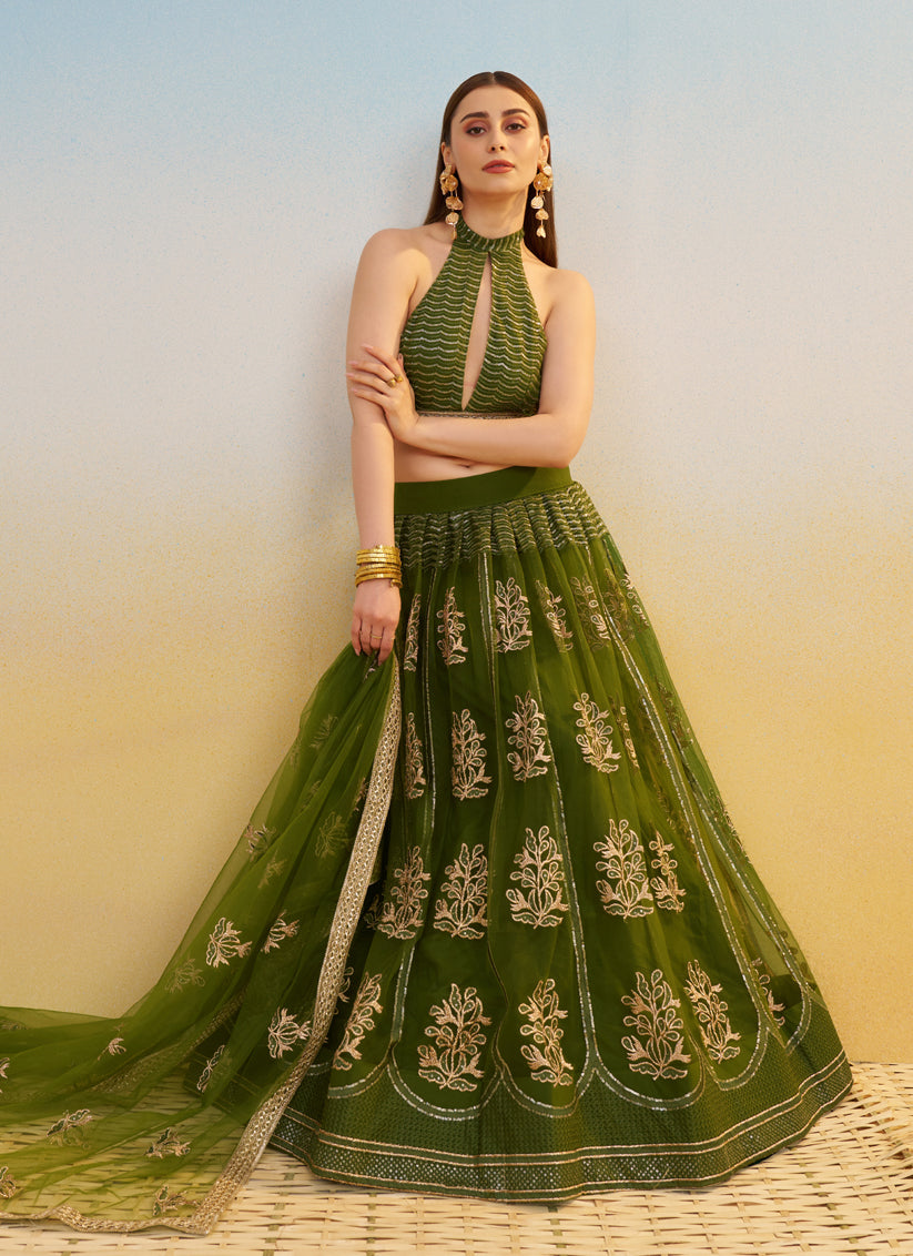 Olive Green Net Designer Embroidered Lehenga Choli Set