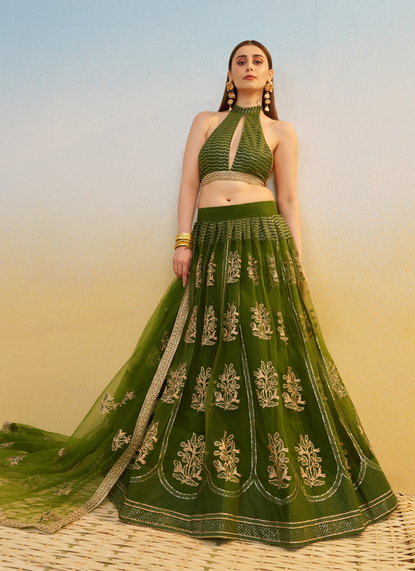Olive Green Net Designer Embroidered Lehenga Choli Set
