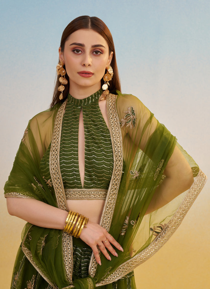 Olive Green Net Designer Embroidered Lehenga Choli Set