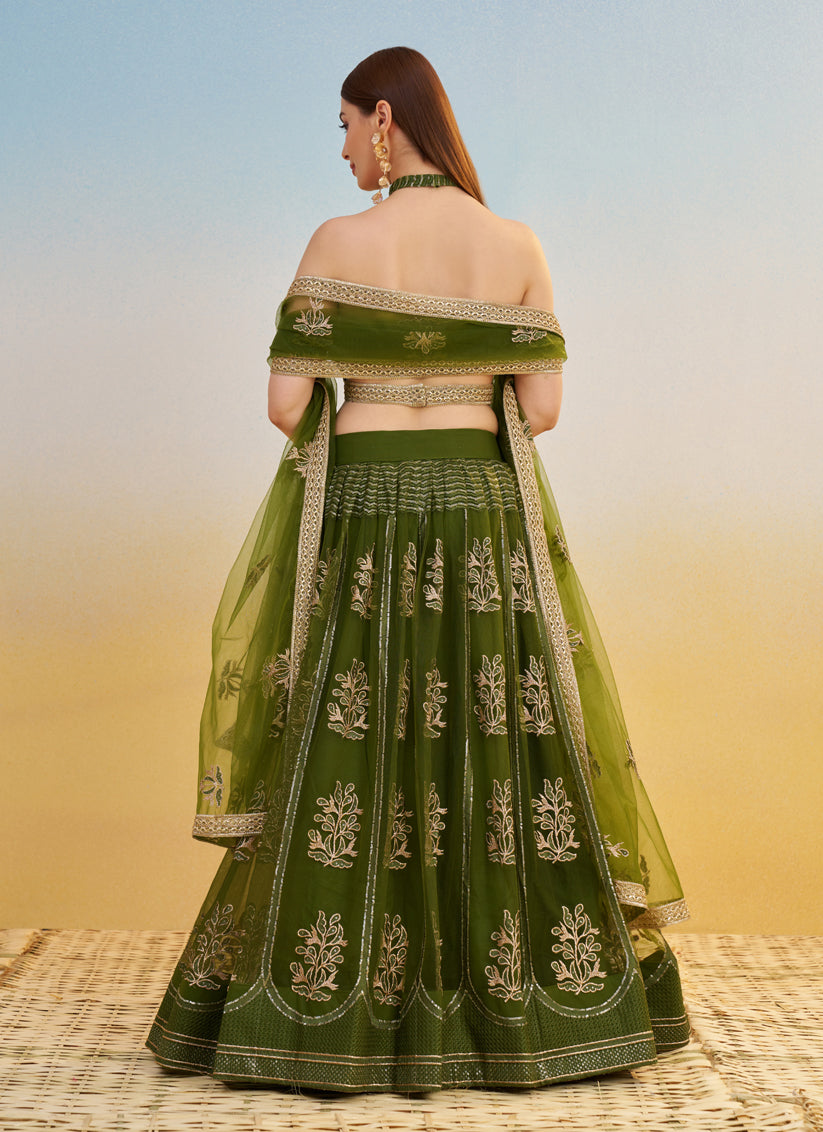 Olive Green Net Designer Embroidered Lehenga Choli Set