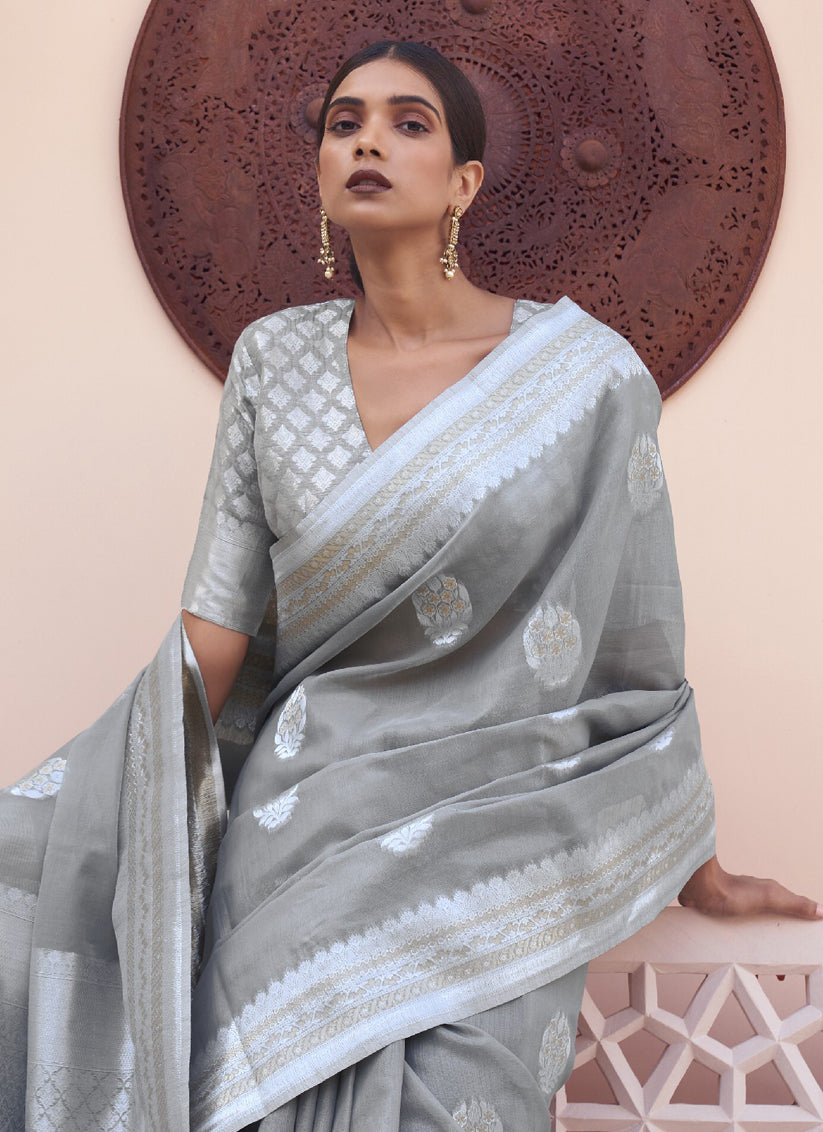 Grey Pure Linen Woven Saree