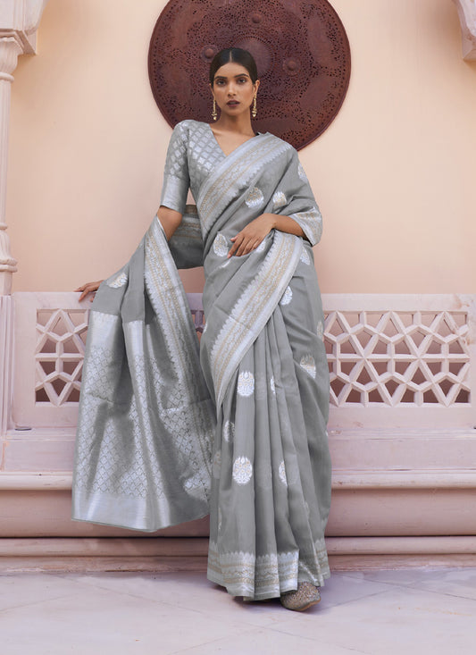 Grey Pure Linen Woven Saree