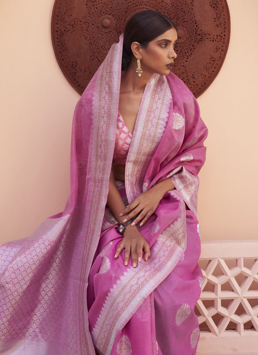 Pink Pure Linen Woven Saree