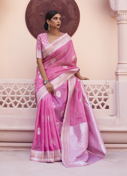 Pink Pure Linen Woven Saree