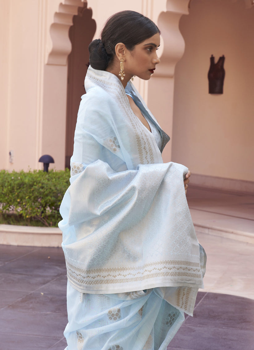 Sky Blue Pure Linen Woven Saree