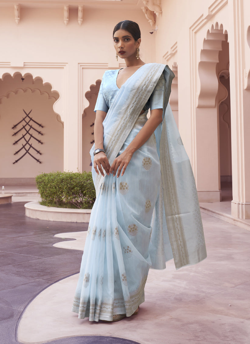 Sky Blue Pure Linen Woven Saree