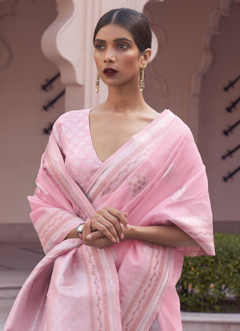 Pink Pure Linen Woven Saree