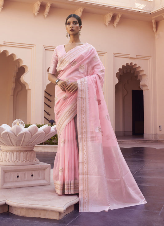 Pink Pure Linen Woven Saree