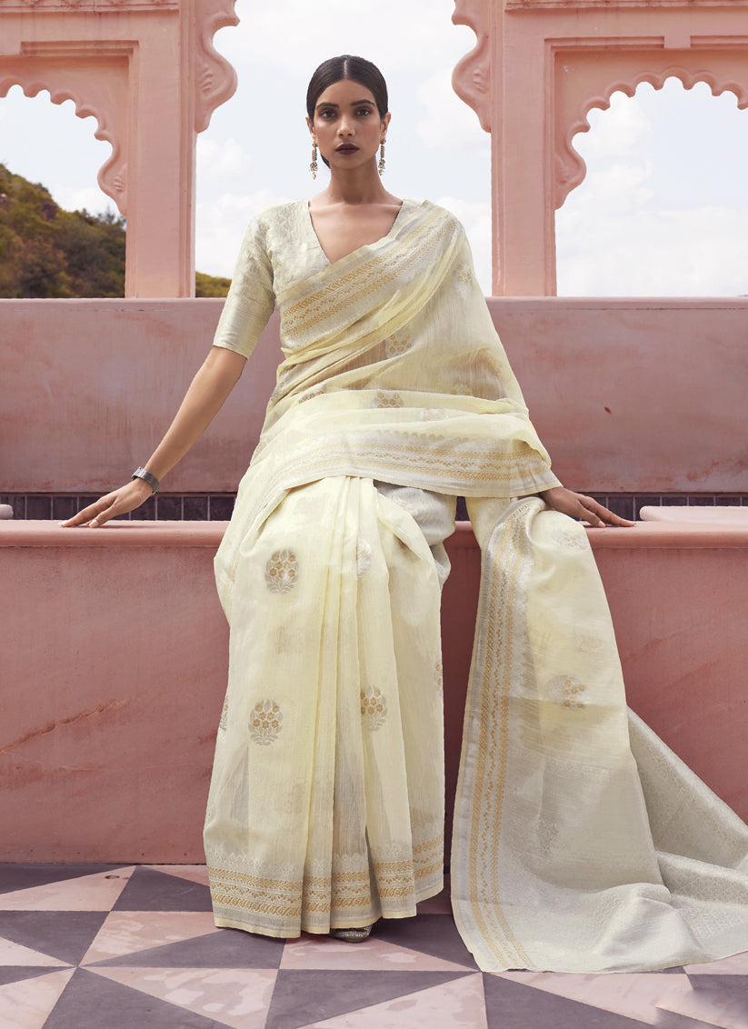 Cream Pure Linen Woven Saree