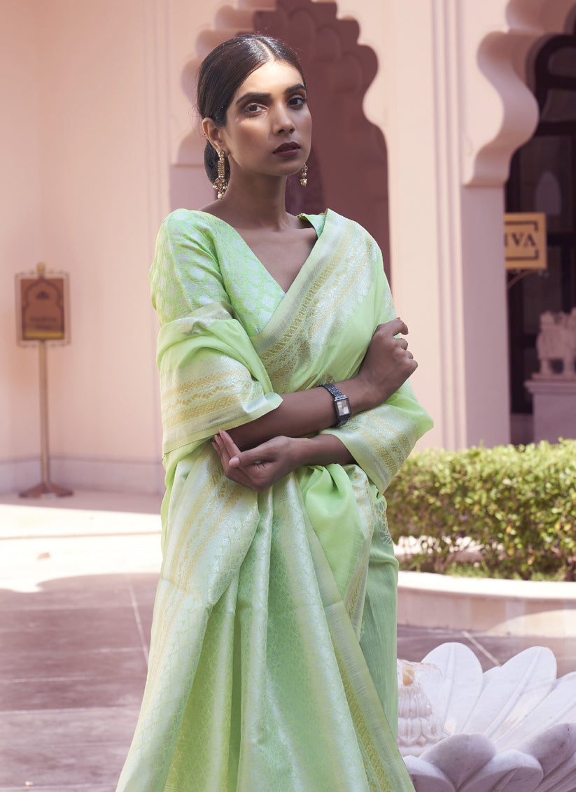 Pista Green Pure Linen Woven Saree