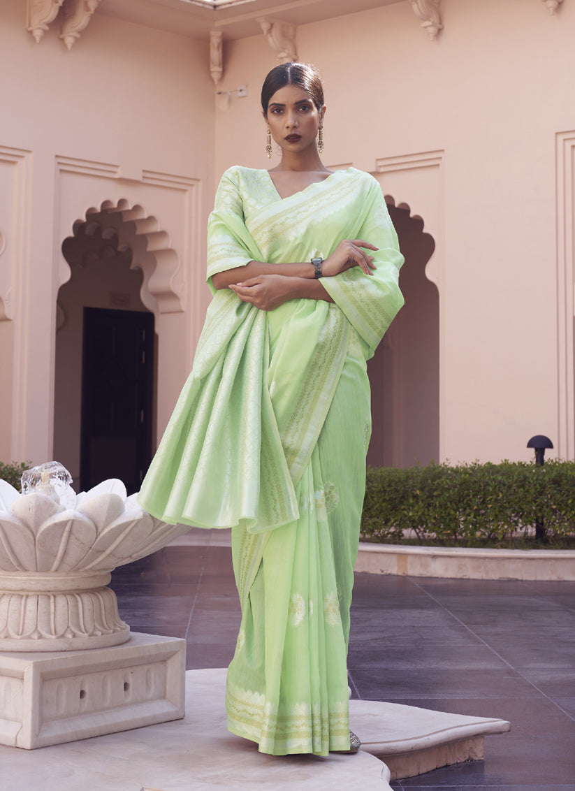 Pista Green Pure Linen Woven Saree