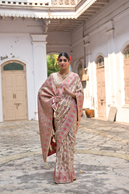 Cream Pashmina Silk Designer Saree for Functions