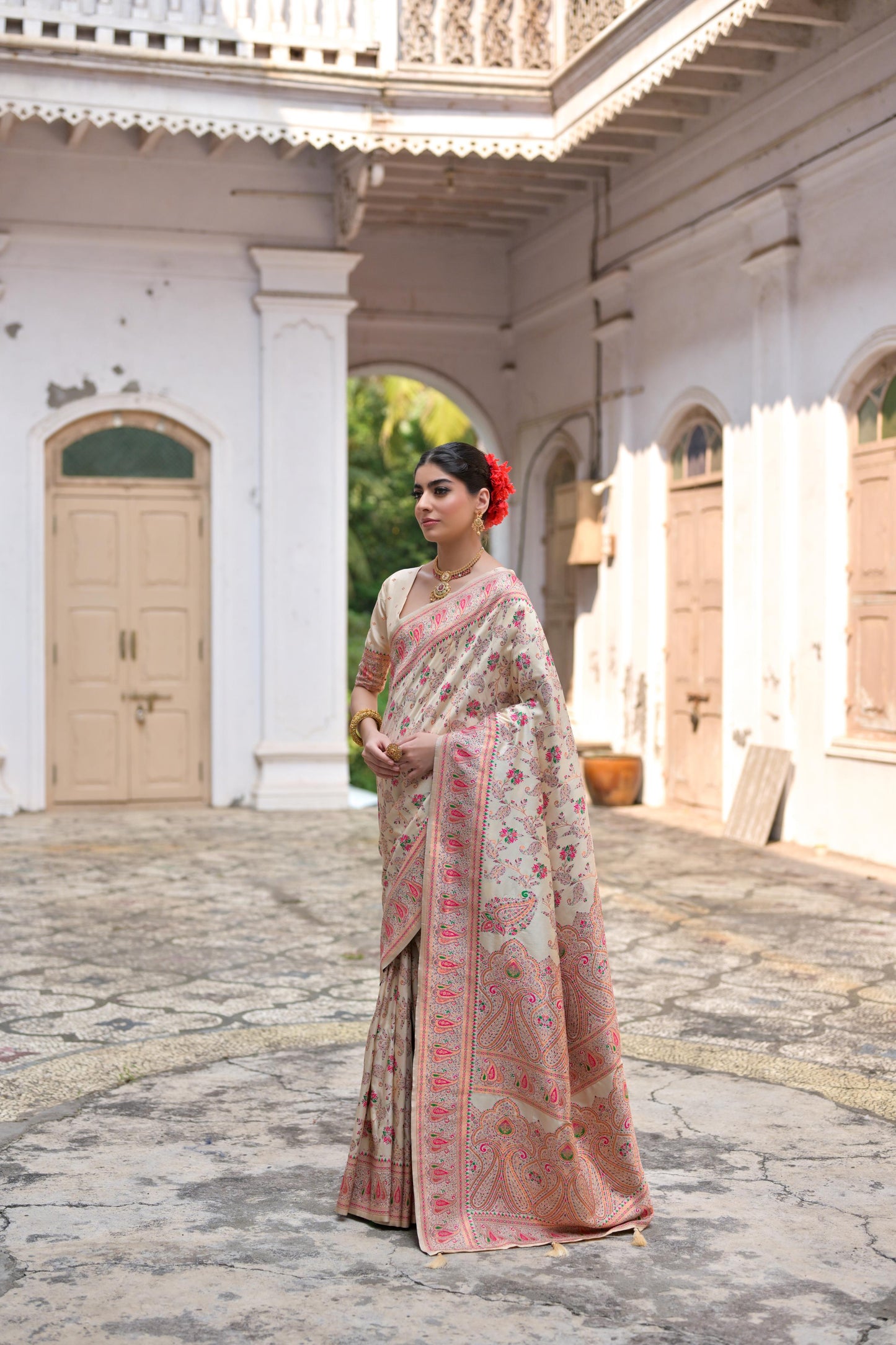 Cream Pashmina Silk Designer Saree for Functions