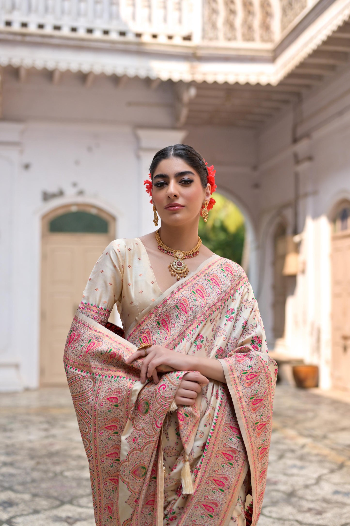 Cream Pashmina Silk Designer Saree for Functions