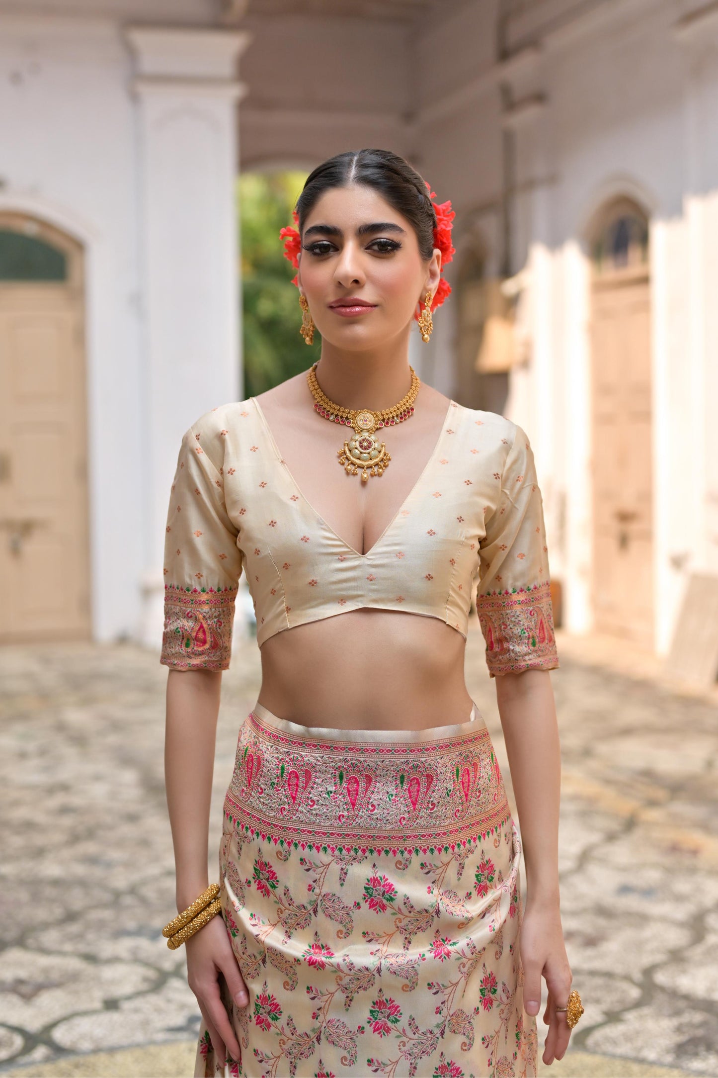 Cream Pashmina Silk Designer Saree for Functions