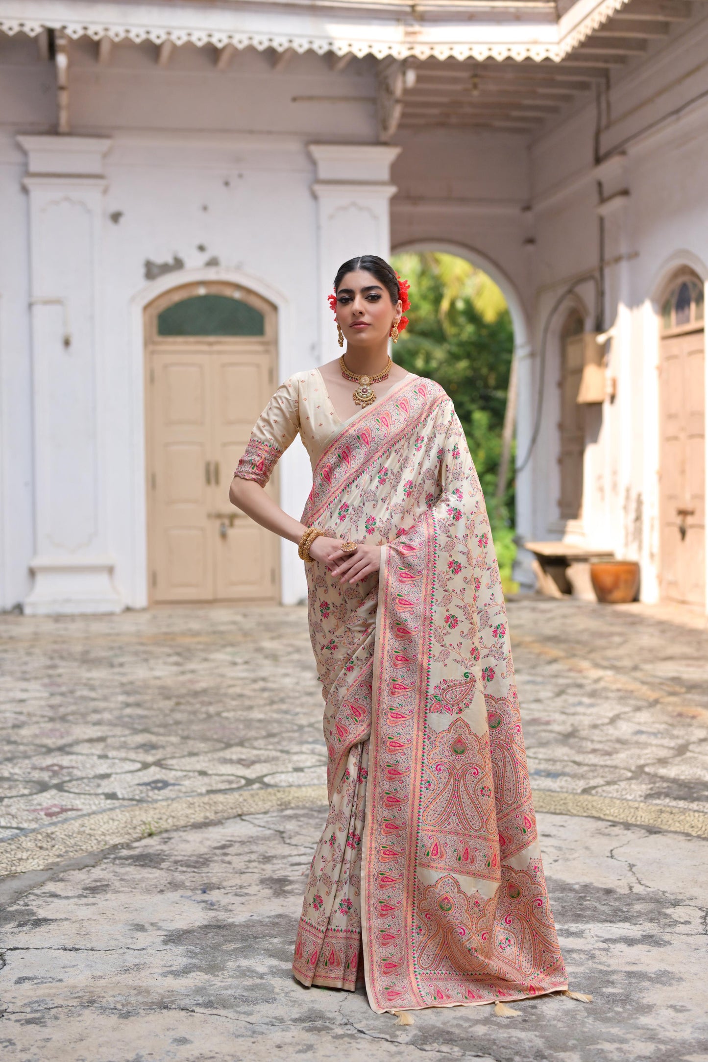 Cream Pashmina Silk Designer Saree for Functions