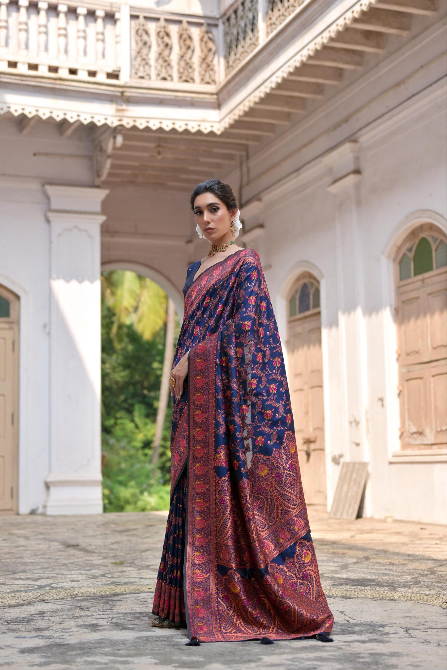 Navy Blue Pashmina Silk Designer Saree for Functions