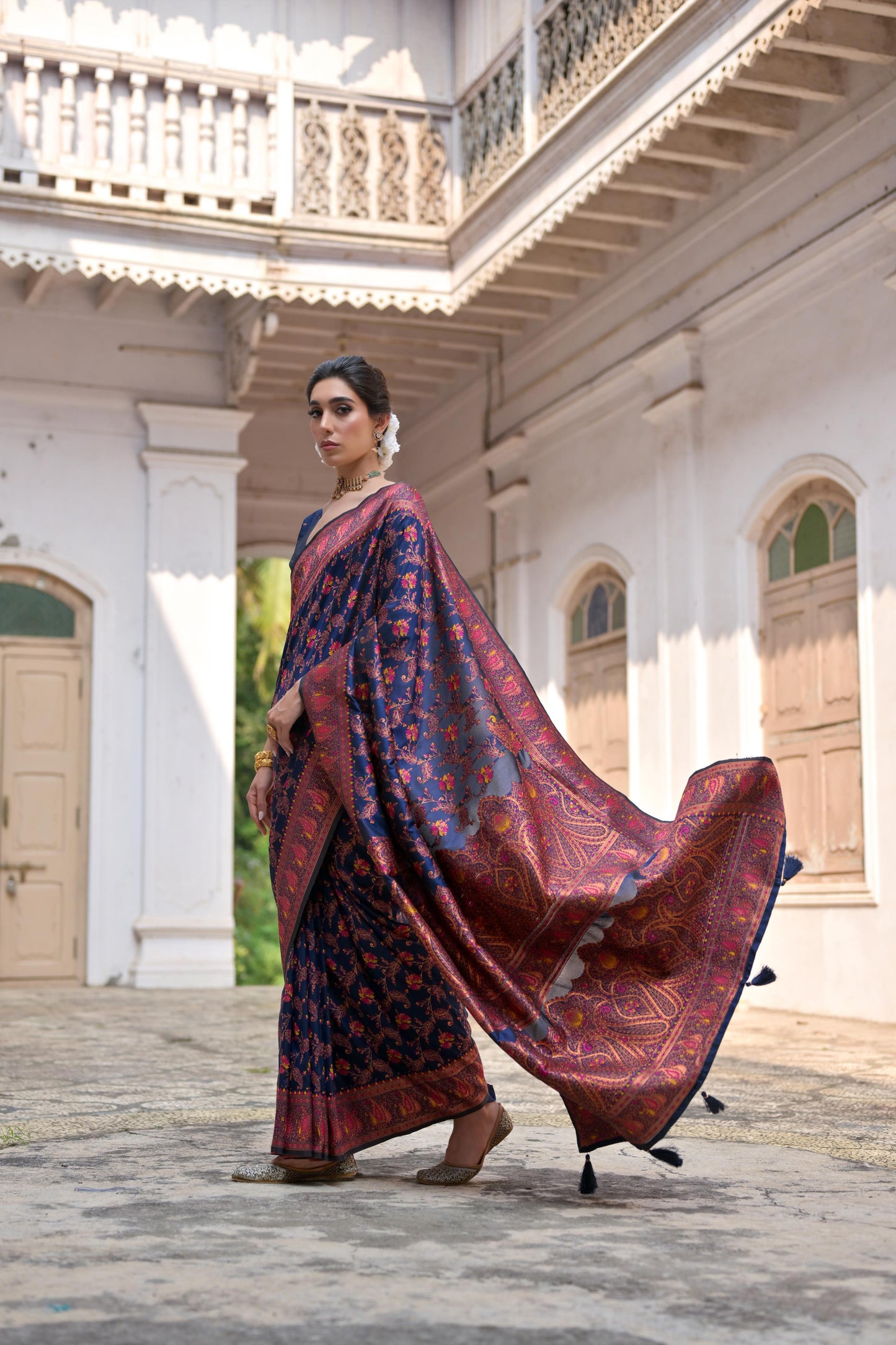 Navy Blue Pashmina Silk Designer Saree for Functions