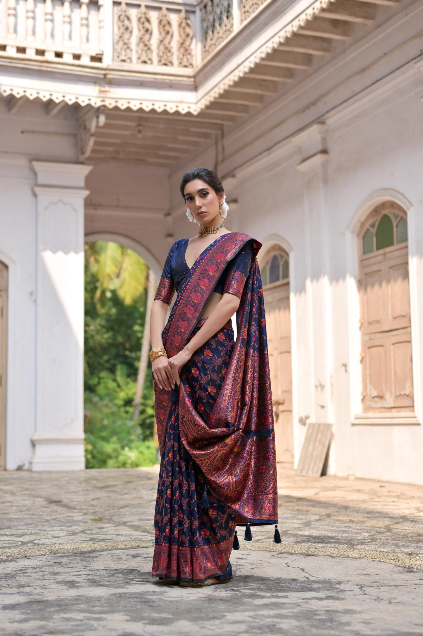 Navy Blue Pashmina Silk Designer Saree for Functions