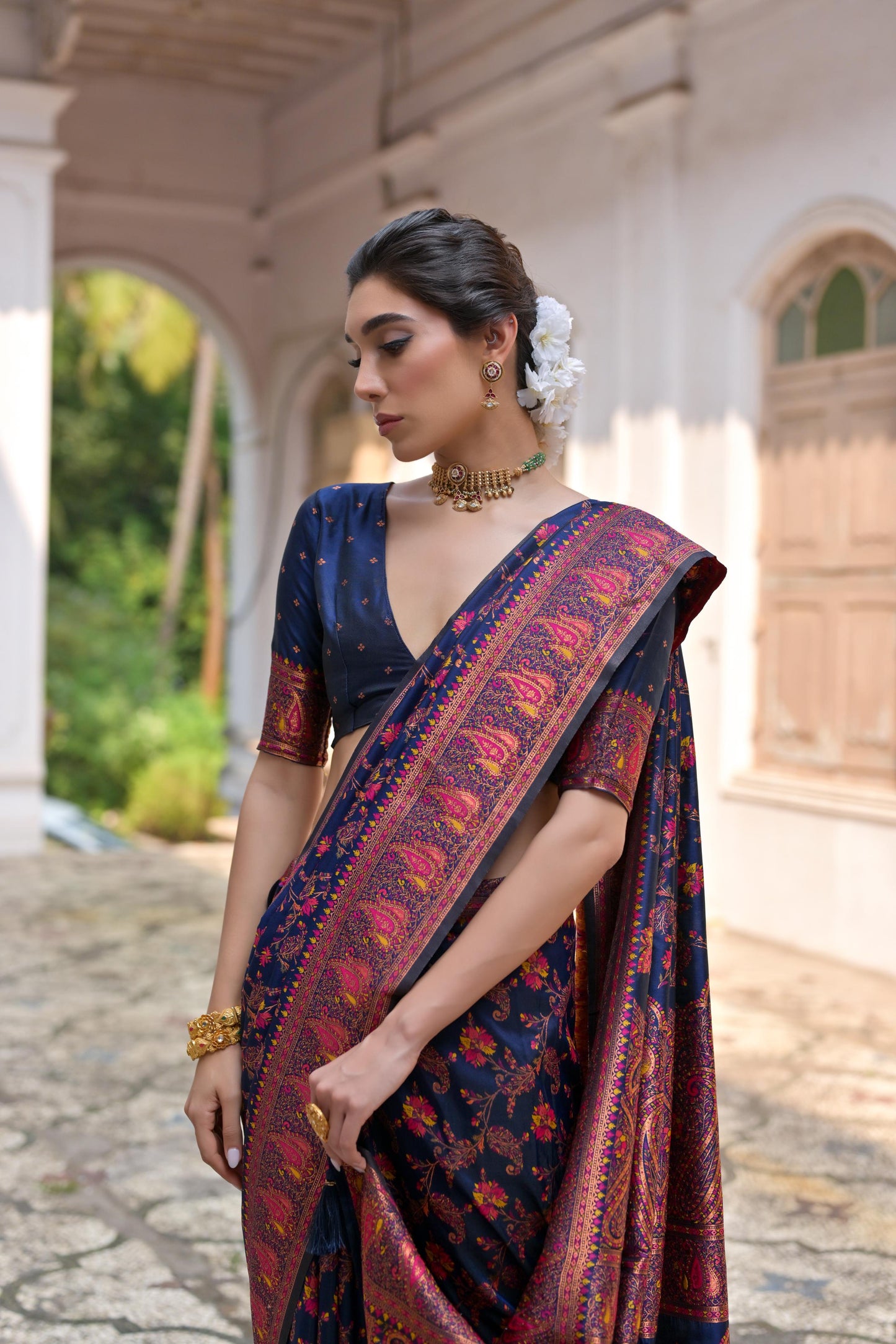 Navy Blue Pashmina Silk Designer Saree for Functions