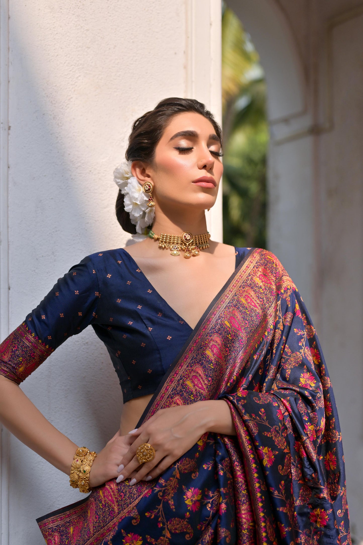 Navy Blue Pashmina Silk Designer Saree for Functions
