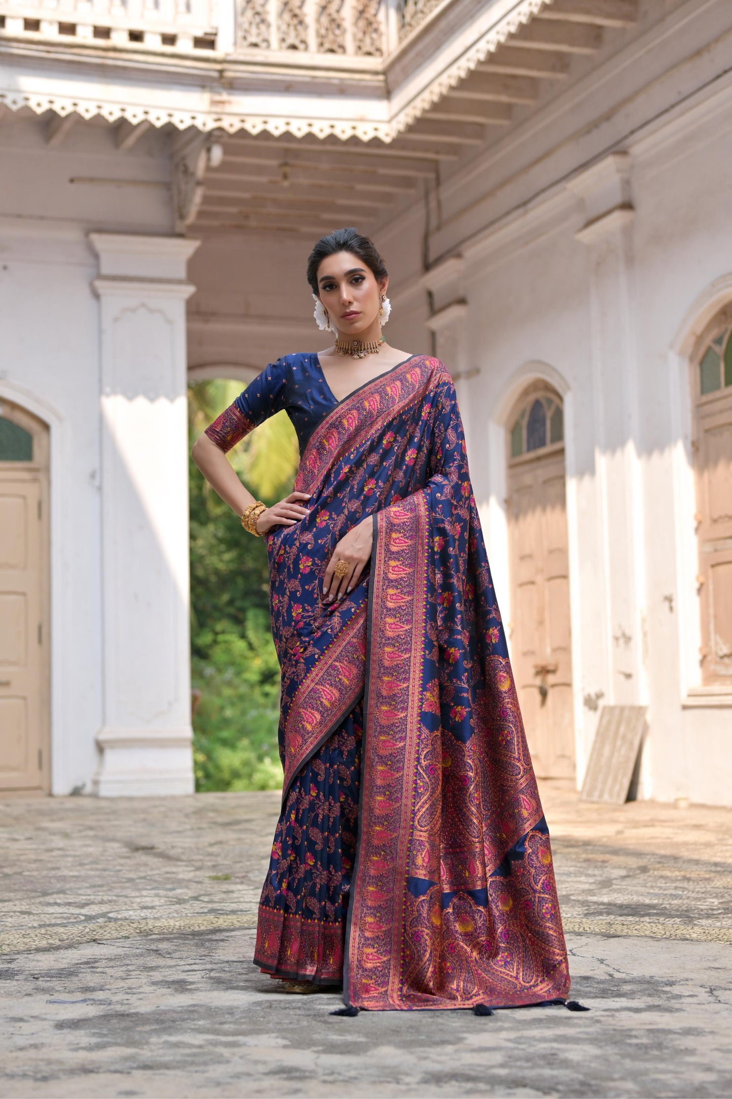 Navy Blue Pashmina Silk Designer Saree for Functions
