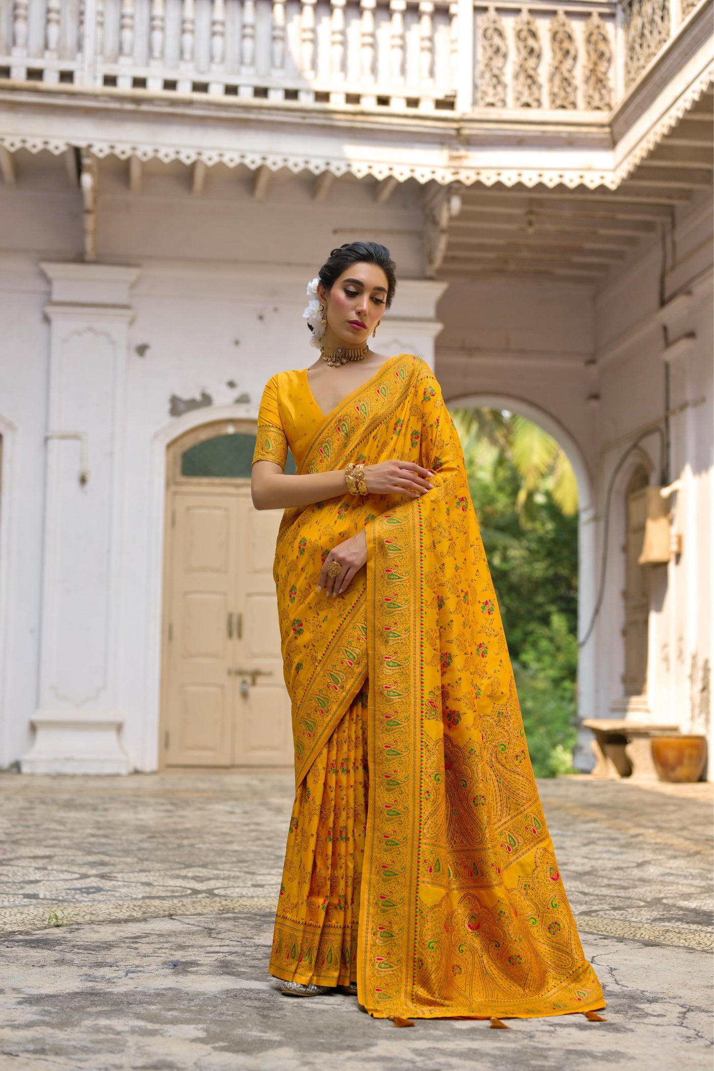 Yellow Pashmina Silk Designer Saree for Functions