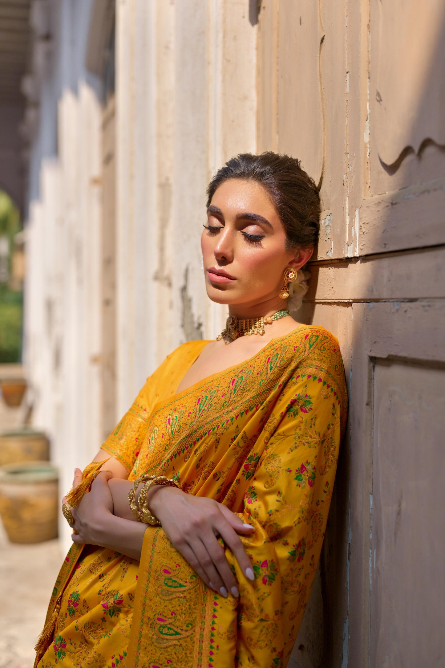 Yellow Pashmina Silk Designer Saree for Functions