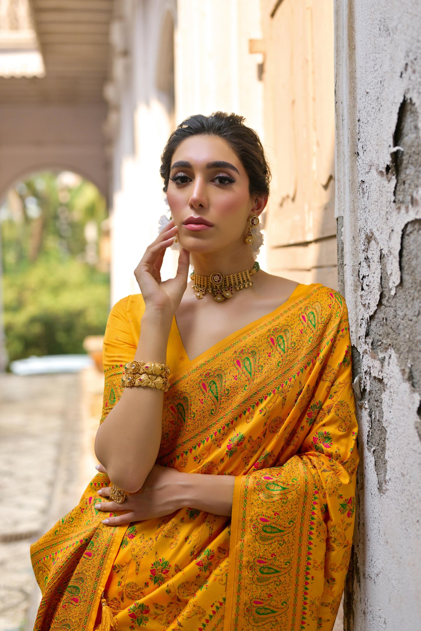 Yellow Pashmina Silk Designer Saree for Functions
