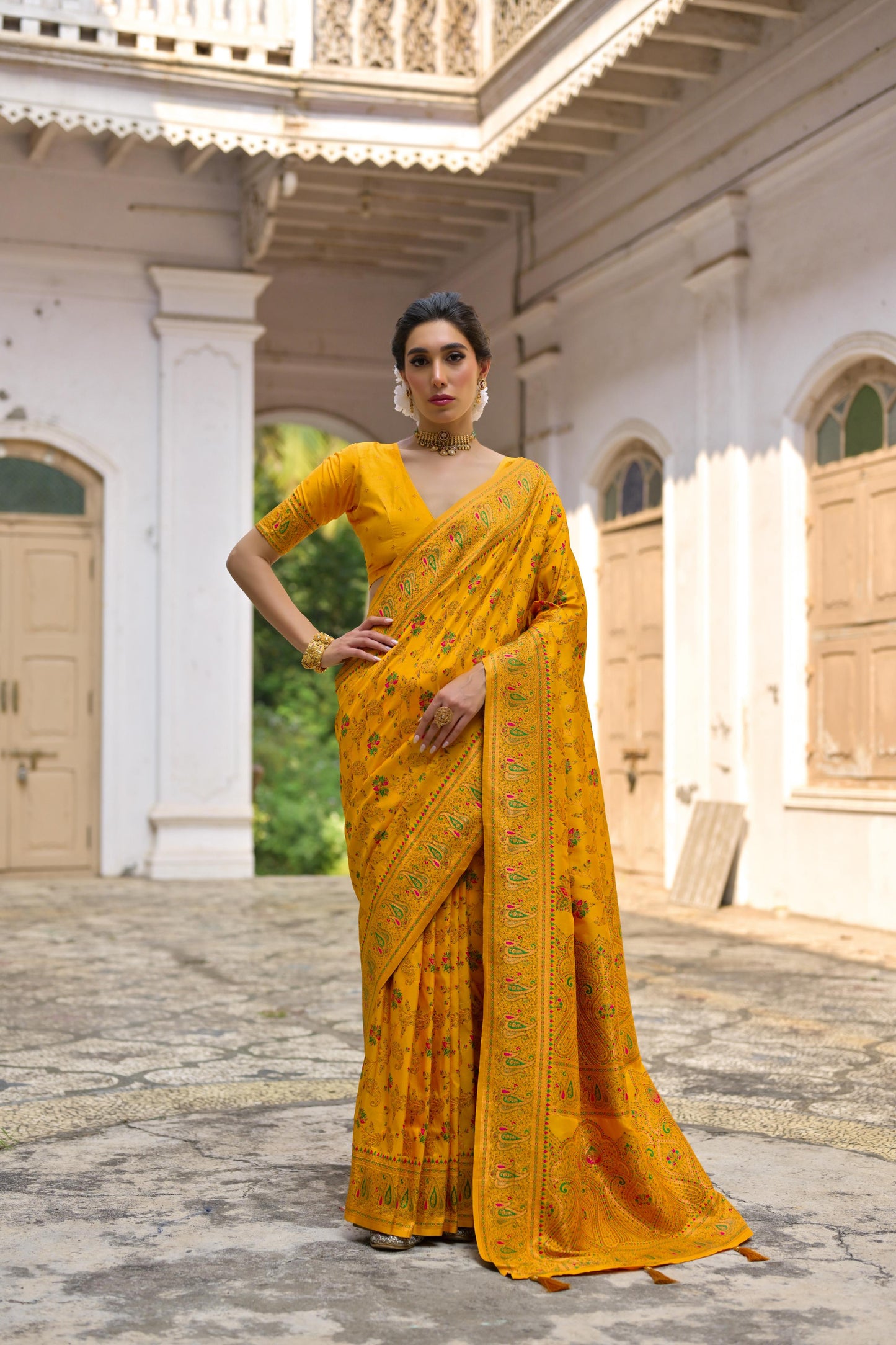 Yellow Pashmina Silk Designer Saree for Functions
