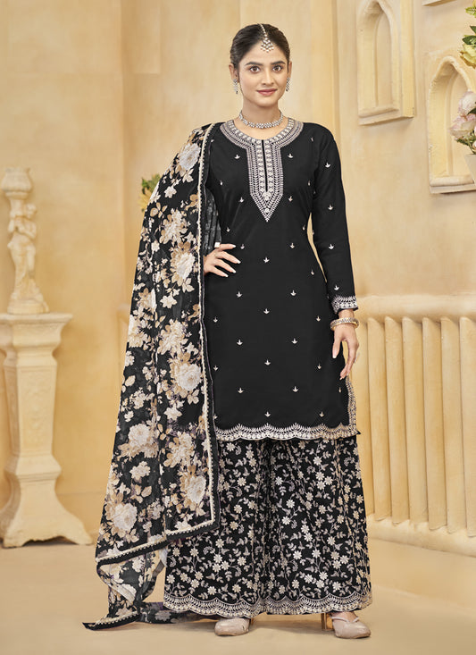 Black Roman Silk Embroidered Readymade Palazzo Suit