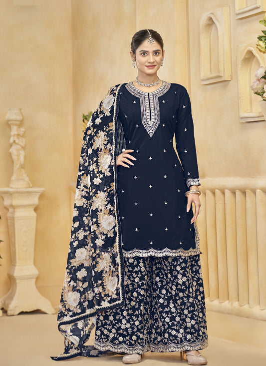 Midnight Blue Roman Silk Embroidered Readymade Palazzo Suit
