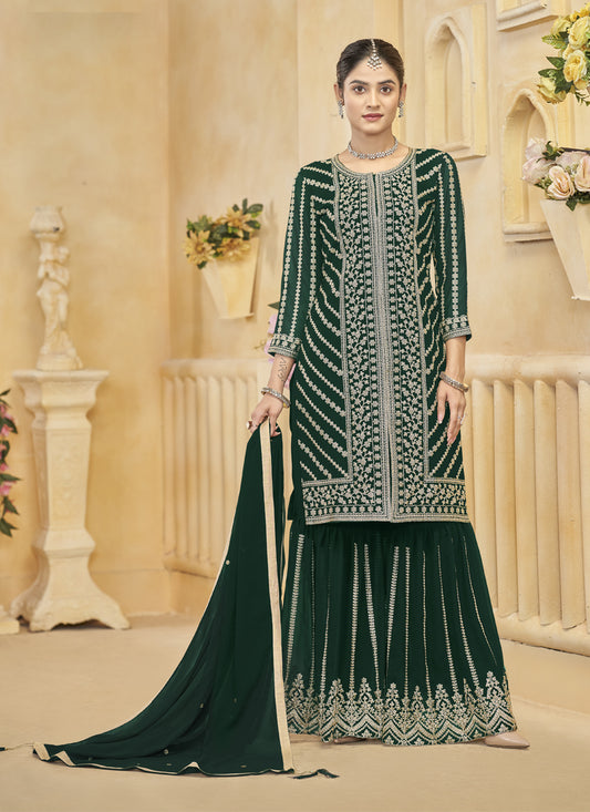 Pine Green Faux Georgette  Embroidered Readymade Sarara Kameez