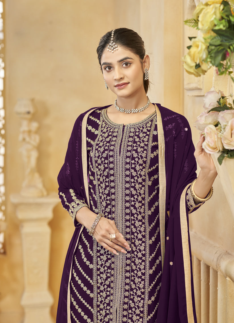 Wine Faux Georgette  Embroidered Readymade Sarara Kameez