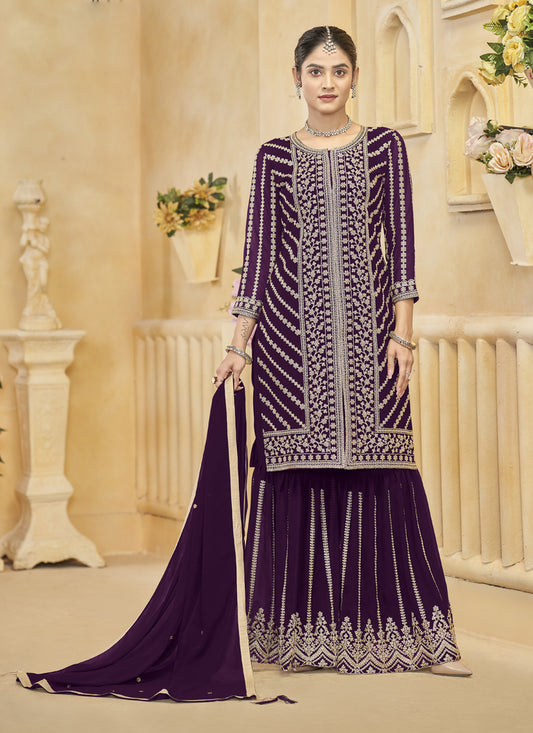 Wine Faux Georgette  Embroidered Readymade Sarara Kameez