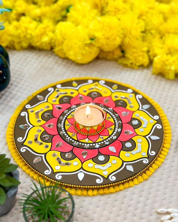 Yellow Mandala ArtWork Candle Holder (8 inches)