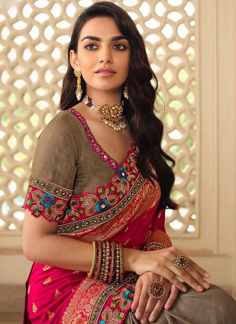 Rani Pink & Beige Silk Embroidered Wedding Saree