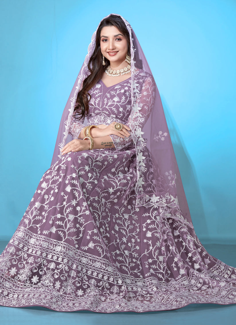 Mauve Net Embroidered Festival Lehenga Choli Set