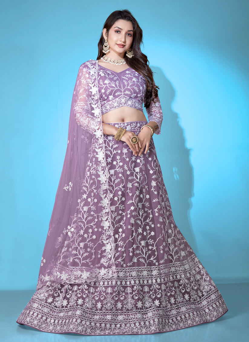 Mauve Net Embroidered Festival Lehenga Choli Set