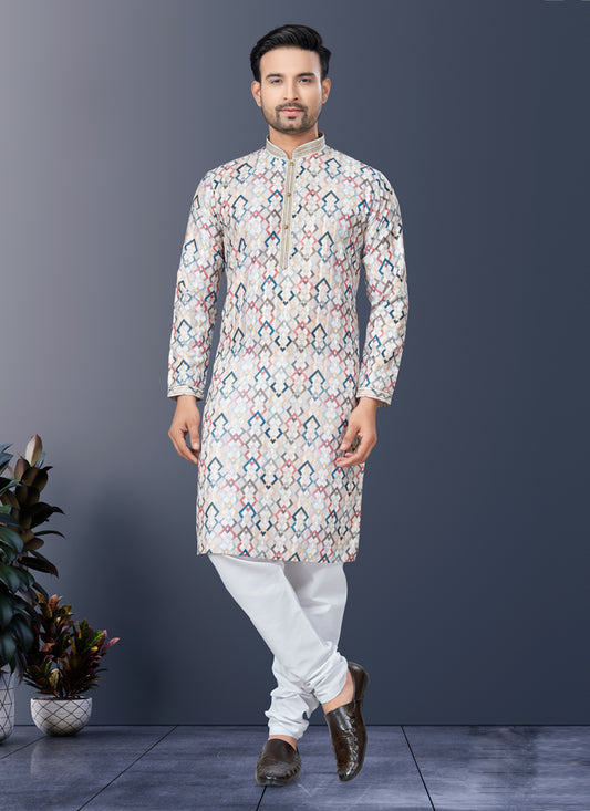 Multicolor Rayon Lucknowi Mens Kurta Pajama Set