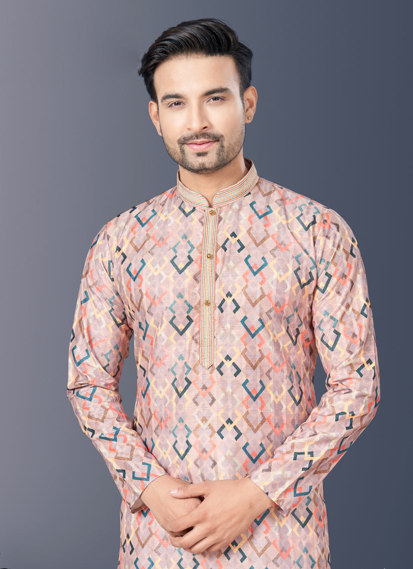 Coral Pink Rayon Lucknowi Mens Kurta Pajama Set