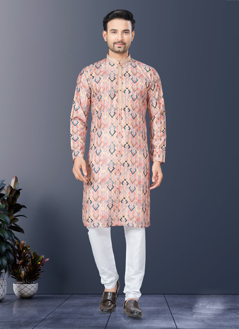 Coral Pink Rayon Lucknowi Mens Kurta Pajama Set