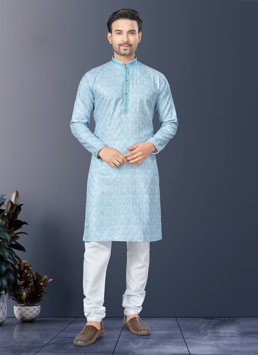 Sky Blue Rayon Lucknowi Mens Kurta Pajama Set