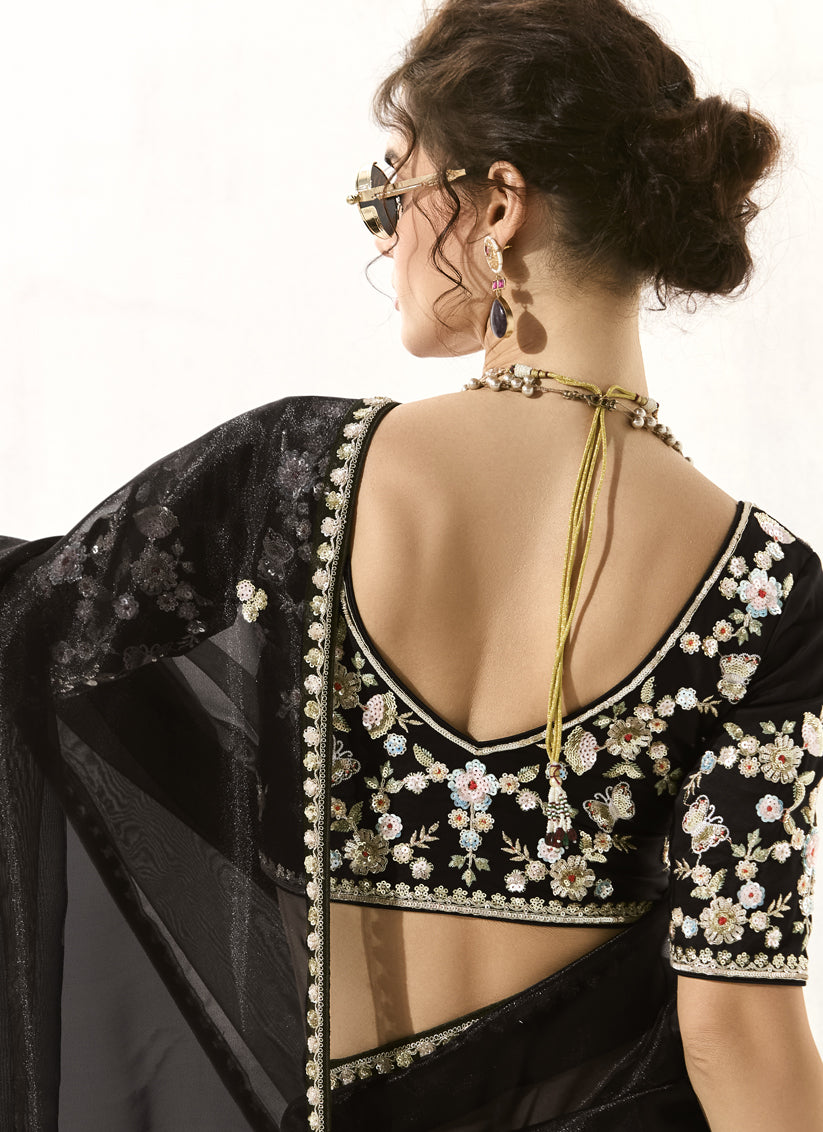Black Tissue Embroidered Designer Wedding Saree