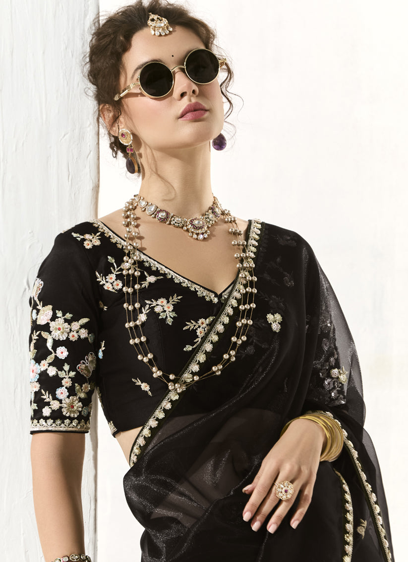 Black Tissue Embroidered Designer Wedding Saree