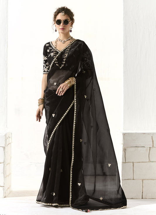 Black Tissue Embroidered Designer Wedding Saree