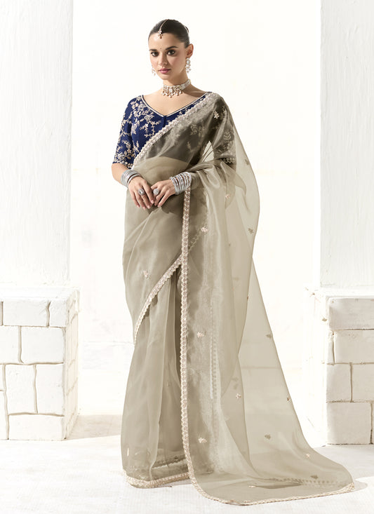 Ash Grey Tissue Embroidered Designer Wedding Saree