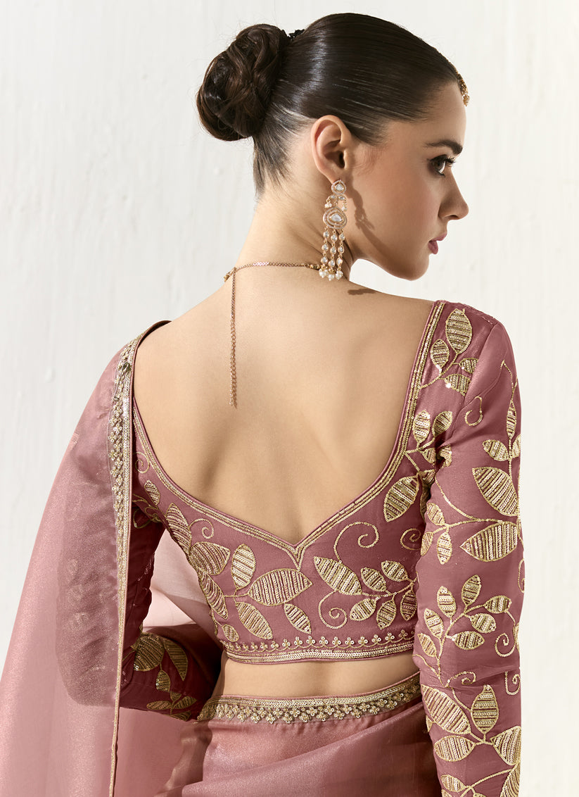 Old Rose Tissue Embroidered Designer Wedding Saree